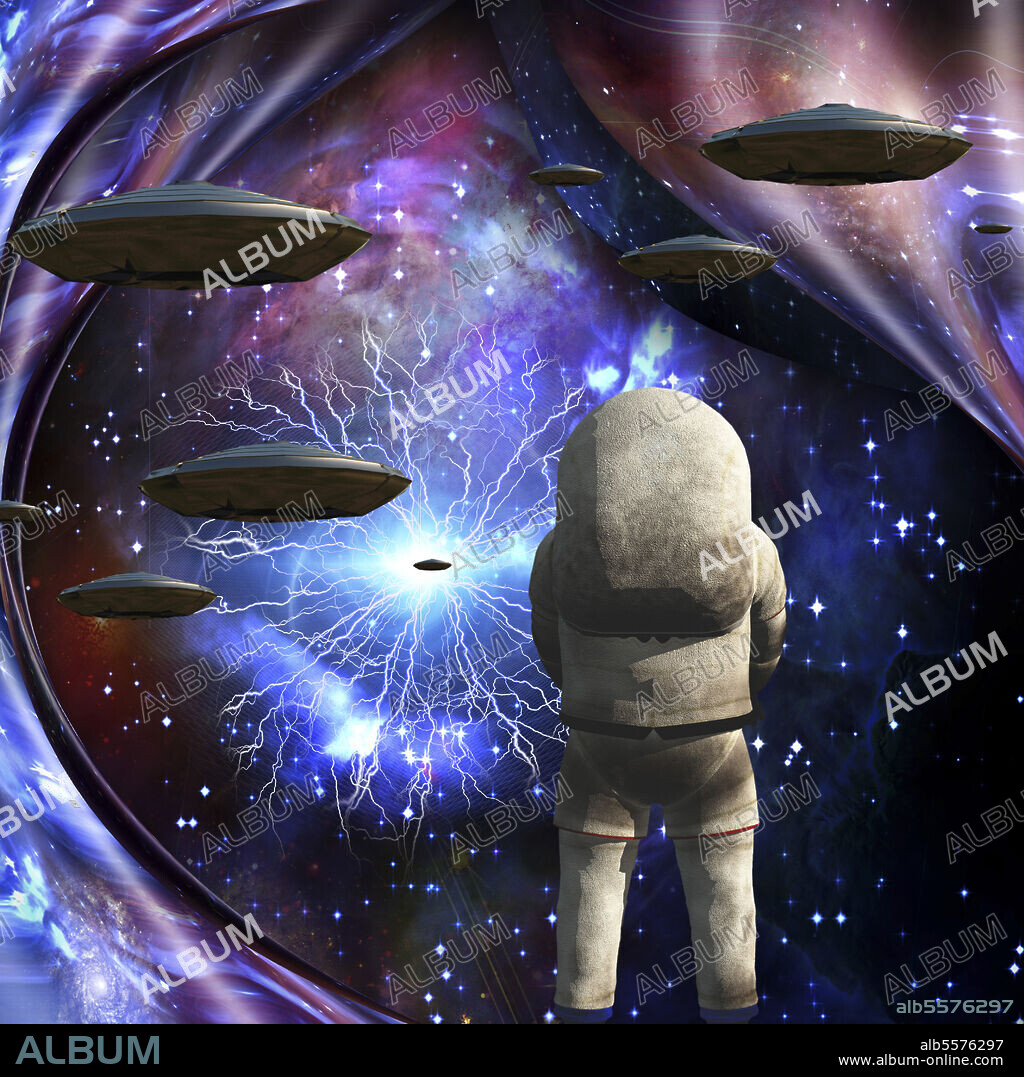Flying saucers in deep space. Astronaut. Warped space.