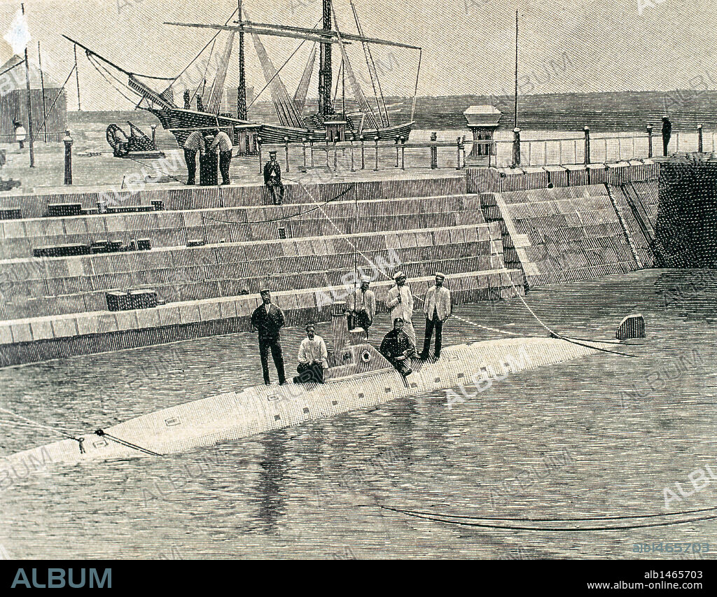 HISTORIA DE LA NAVEGACION. S. XIX. "PRUEBAS PARCIALES VERIFICADAS CON EL SUBMARINO PERAL EN AGUAS DEL DIQUE DEL ARSENAL DE LA CARRACA (CADIZ) ". Año 1889.