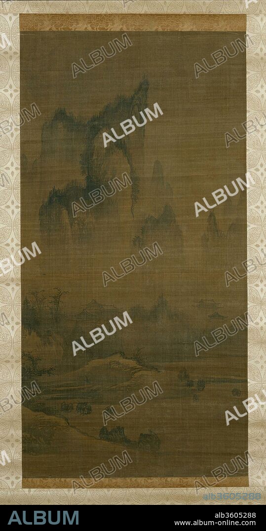 Evening bell from mist-shrouded temple (left); Autumn moon over Lake Dongting (right). Artist: Style of An Gyeon (Korean). Culture: Korea. Dimensions: Image (each): 35 3/8 x 17 7/8 in. (89.9 x 45.4 cm)
Overall with mounting (each): 78 1/4 x 24 in. (198.8 x 61 cm)
Overall with knobs (each): 78 1/4 x 27 7/8 in. (198.8 x 70.8 cm). Date: ca. 1450-1500.
This pair of scrolls was most likely part of an original set of eight depicting the famed scenery around the Xiao and Xiang Rivers, in the modern-day province of Hunan. Landscape paintings illustrating sites in China made famous in classical literature--places that often had nostalgic associations--flourished in the early Joseon period. Meanwhile, in contemporary Ming-dynasty China, the number and reputation of paintings on this subject dwindled compared with production in the earlier Song period. 
Although these scrolls are unsigned, the artist clearly aligned himself with the instantly recognizable style of the fifteenthcentury master An Gyeon. Evening Bell from Mist-Shrouded Temple represents a mountain valley where, set against high peaks in the distance, a large Buddhist temple complex is veiled in mist. Autumn Moon over Lake Dongting shares the same mood of melancholy and contemplation. The cloud-covered mountain; cold, glistening light; and vapors rising from the water all contribute to the mystery of a silent landscape. Despite the title, the moon is absent from the scene, which is notable but not without precedent.