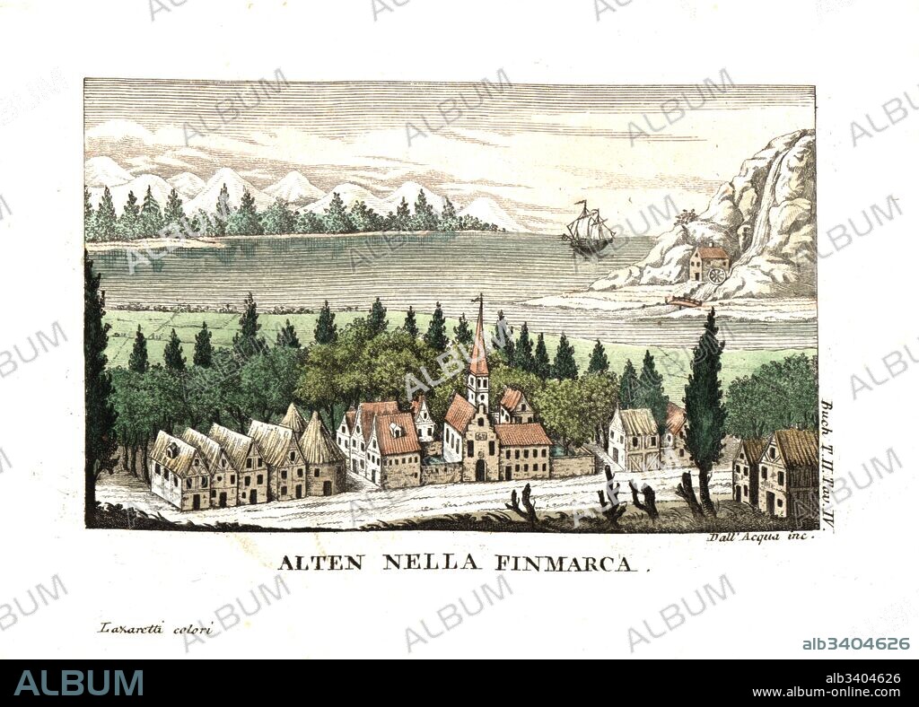 View of the town of Alta, Finnmark county, Norway. Illustration from Leopold von Buch’s Travels Through Norway and Lapland, 1813. Copperplate engraving by Dell'Acqua handcoloured by Lazaretti from Giovanni Battista Sonzogno’s Collection of the Most Interesting Voyages (Raccolta de Viaggi Piu Interessanti), Milan, 1815-1817.