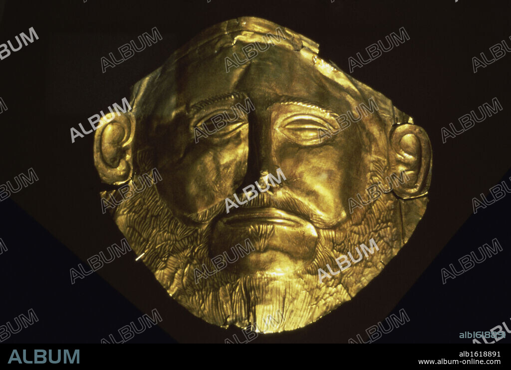 Funeral Mask of Agamemnon , Mycenae  ca. 1500 BCE  Greek Art  Gold  National Archaeological Museum, Athens, Greece.