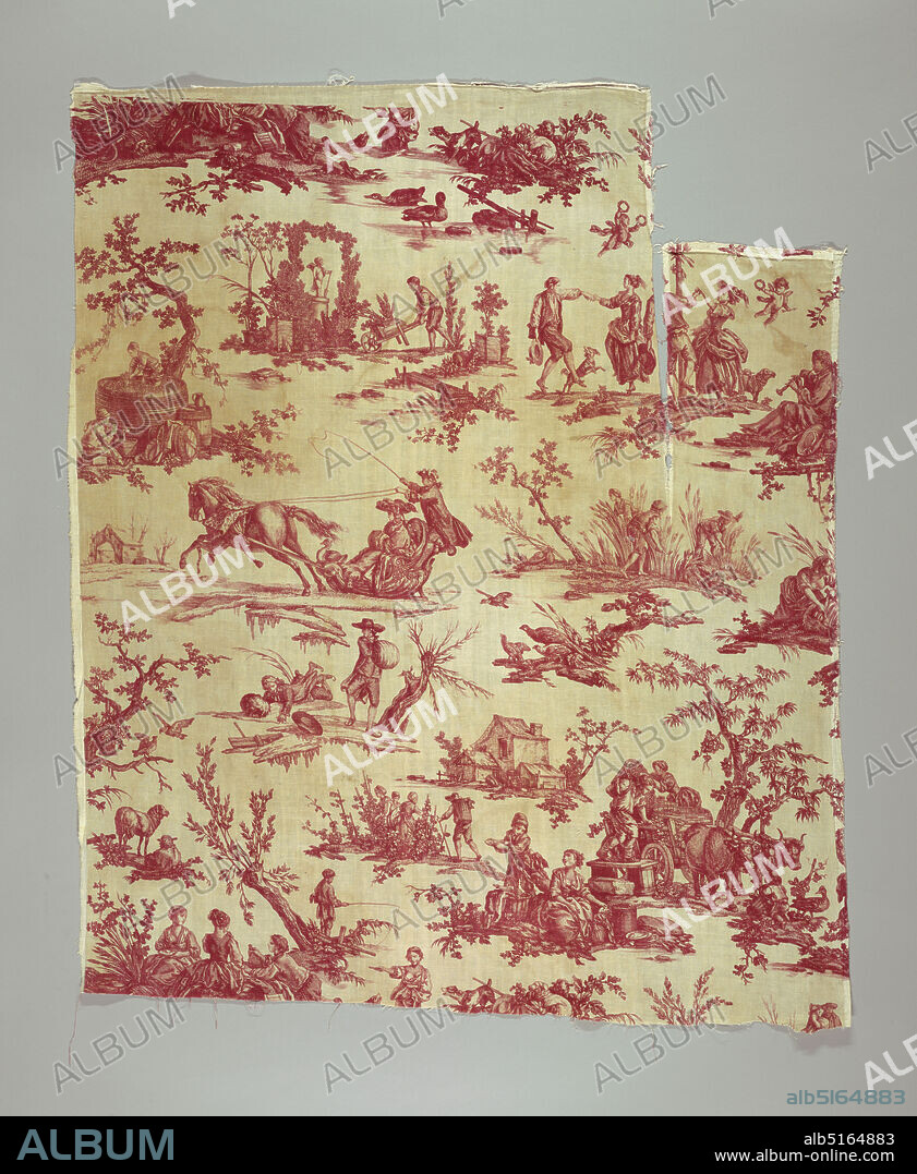 Les Delices des Quatre Saisons, Jean-Baptiste Marie Huet, (French, 17451811), Medium: cotton Technique: copperplate printed on plain weave, Rural scenes illustrating the four seasons., Jouy, France, ca. 1785, printed, dyed & painted textiles, Textile, Textile.