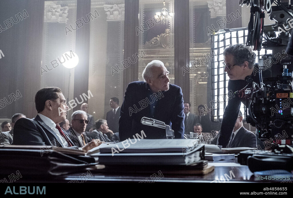 AL PACINO, MARTIN SCORSESE y RODRIGO PRIETO en EL IRLANDES, 2019 (THE IRISHMAN), dirigida por MARTIN SCORSESE. Copyright STX Entertainment.