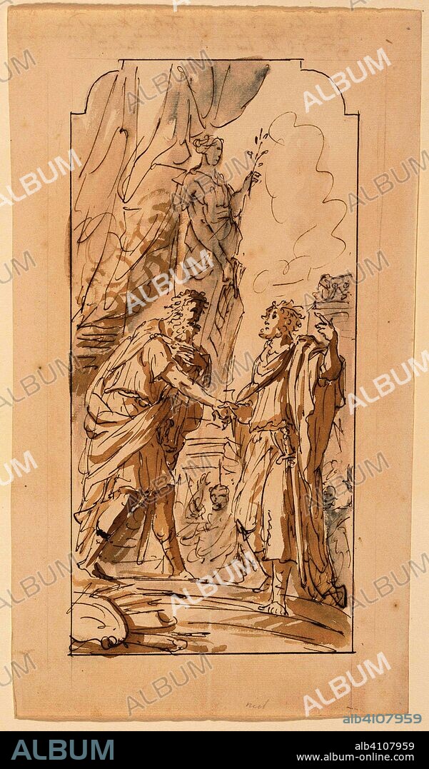 The covenant of Romulus and Titus Tatius, king of the Sabines. Draughtsman: Elias van Nijmegen. Dating: 1677 - 1755. Measurements: h 318 mm × w 180 mm.