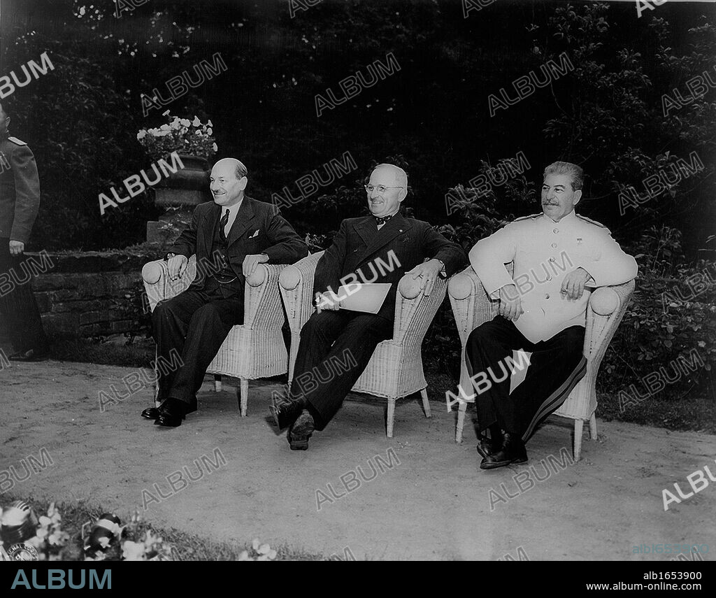 Potsdam Conference July 1945: The Allied leaders, left to right, Clement Atlee (Britain), Harry Truman (USA) and Joseph Stalin (USSR).