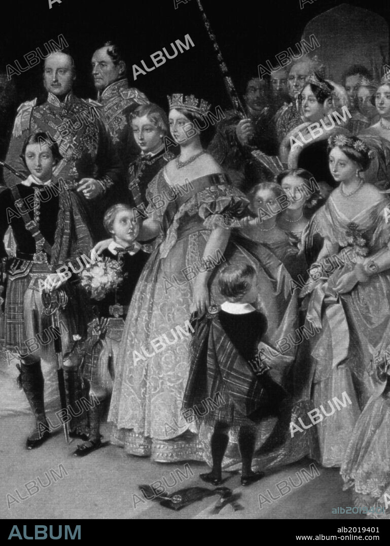 JOHN PHILLIP. La reina Victoria y su familia, durante el matrimonio de la Primogenita con el Principe heredero de Prusia, 1858.