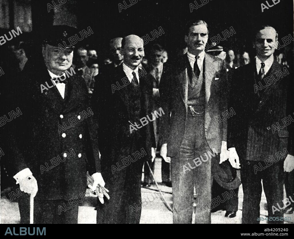 'Return to London from America', 27 June 1942, (1945). British Prime Minister Winston Churchill is welcomed back to London by Clement Attlee, Anthony Eden and Archibald Sinclair after his visit to President Roosevelt in Washington. Churchill (1874-1965) was Prime Minister of the United Kingdom from 1940 to 1945, and again from 1951 to 1955. From "The Life and Times of Winston Churchill", by Malcolm Thomson. [Odhams Press Limited, London].