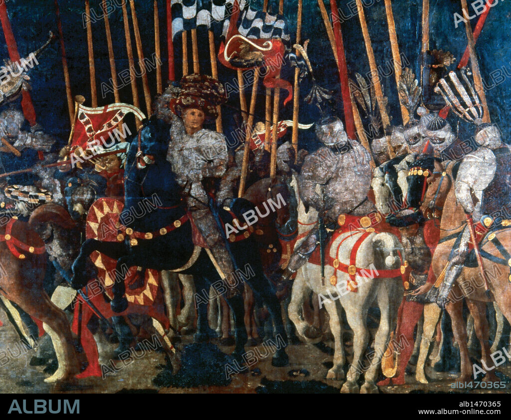 ARTE RENACIMIENTO. ITALIA. UCCELLO o UCELLO, Paolo di Dono, llamado (Patrovecchio Casentino,1397-Florencia,1475). Pintor, mosaísta y taraceador italiano. "BATALLA DE SAN ROMANO" (1456-1466). Tabla de madera (detalle). Museo del Louvre. París. Francia.