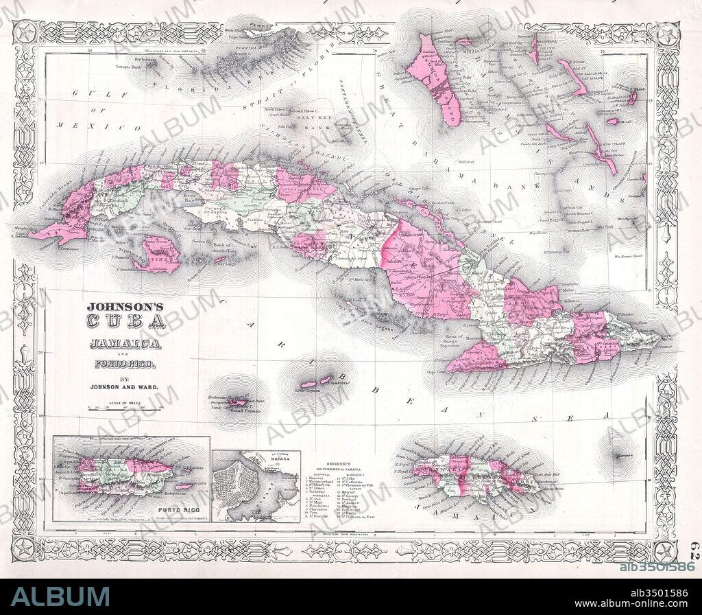 1864, Johnson's Map of Cuba, Jamaica, the Bahamas and Puerto Rico.