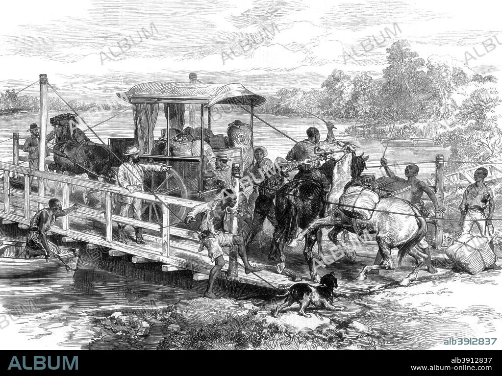 Pontoon over the Vaal River, Klipdrift, South African diamond fields, 1874. A print from The Illustrated London News, (10 October 1875).