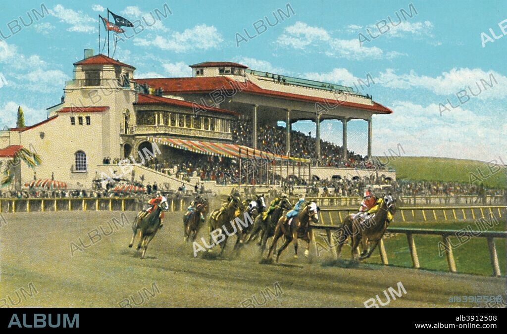 'New Club House and Grand Stand, Agua Caliente Jockey Club', c1939. From Souvenir of Tijuana, Mexico. [Western Publishing & Novelty Co., Los Angeles, Calif.].