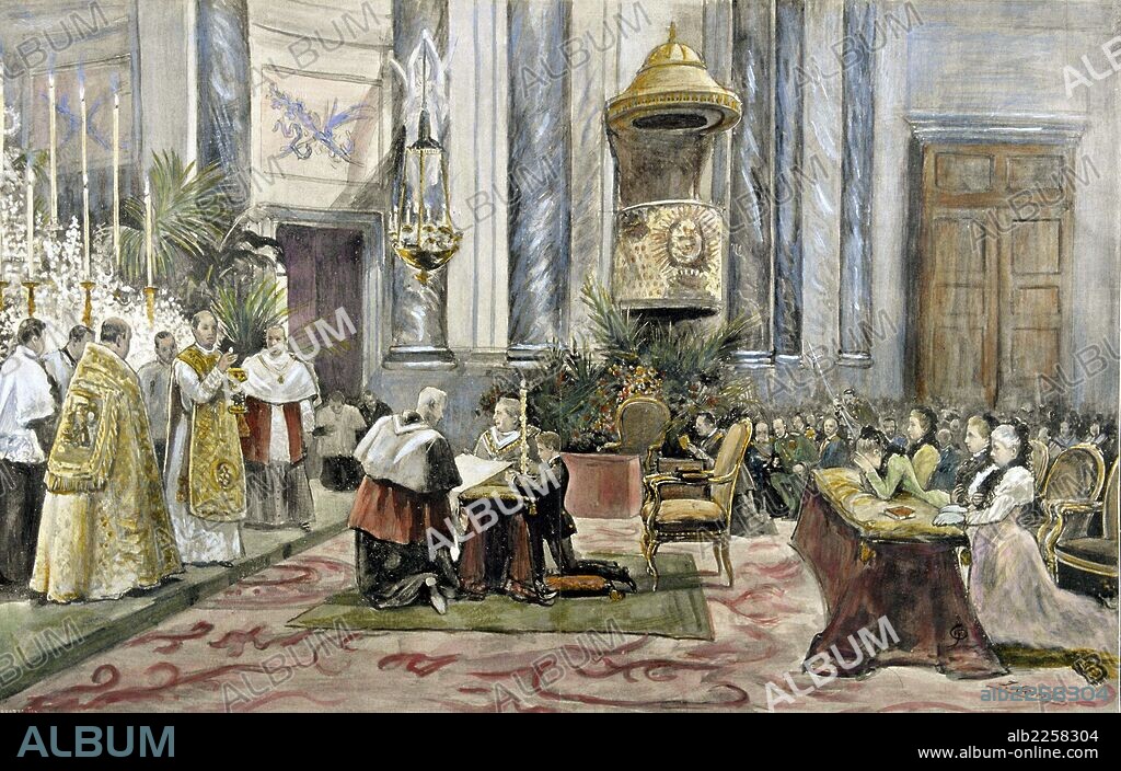 ALFONSO XIII. REY DE ESPAÑA. 1866 - 1941. " PRIMERA COMUNION DE ALFONSO XIII ". DIBUJO DE JUAN COMBA. GRABADO COLOREADO DE LA ILUSTRACIOIN ESPAÑOLA Y AMERICANA.