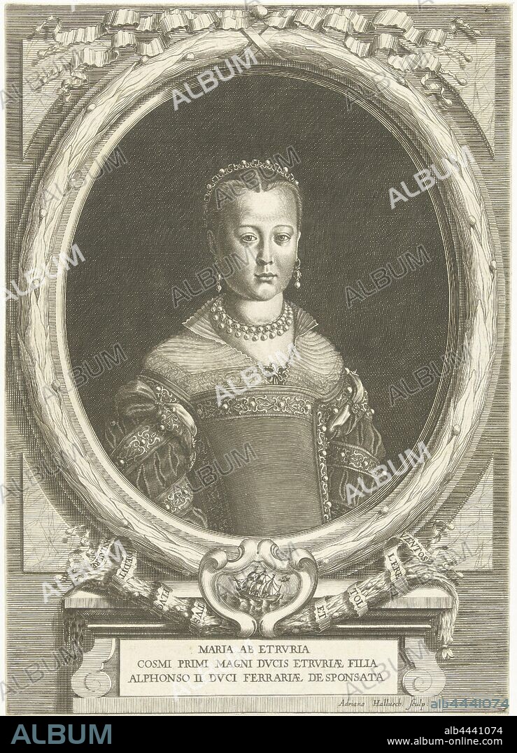 Portrait of Maria de Medici Portraits of the De 'Medici (series title), Portrait in half of Maria de Medici, daughter of Cosimo I and Eleonora of Toledo and initially the promised wife of the duke from Ferrara, surrounded in an oval with a laurel wreath. At the bottom in a cartouche a bird by a ship. Below that on a tablet under a plinth his name and two lines in Latin, pearl, pearl necklace (women's clothes), ear-rings, accessories (clothing), Maria de ', fiancé of duke of Ferrara Medici, Adriaen Haelwegh (mentioned on object), Northern Netherlands, c. 1647 - c. 1696, paper, engraving, h 349 mm × w 247 mm.