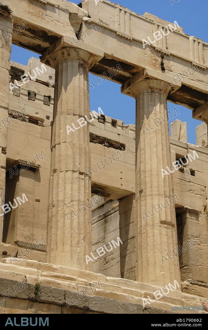 Greece. Athens. Propylaea. Monumental gateway to the Acropolis. It was designed by the architect Mnesicles, 437 BC-432BC. (The Age of Pericles). Doric style columns.