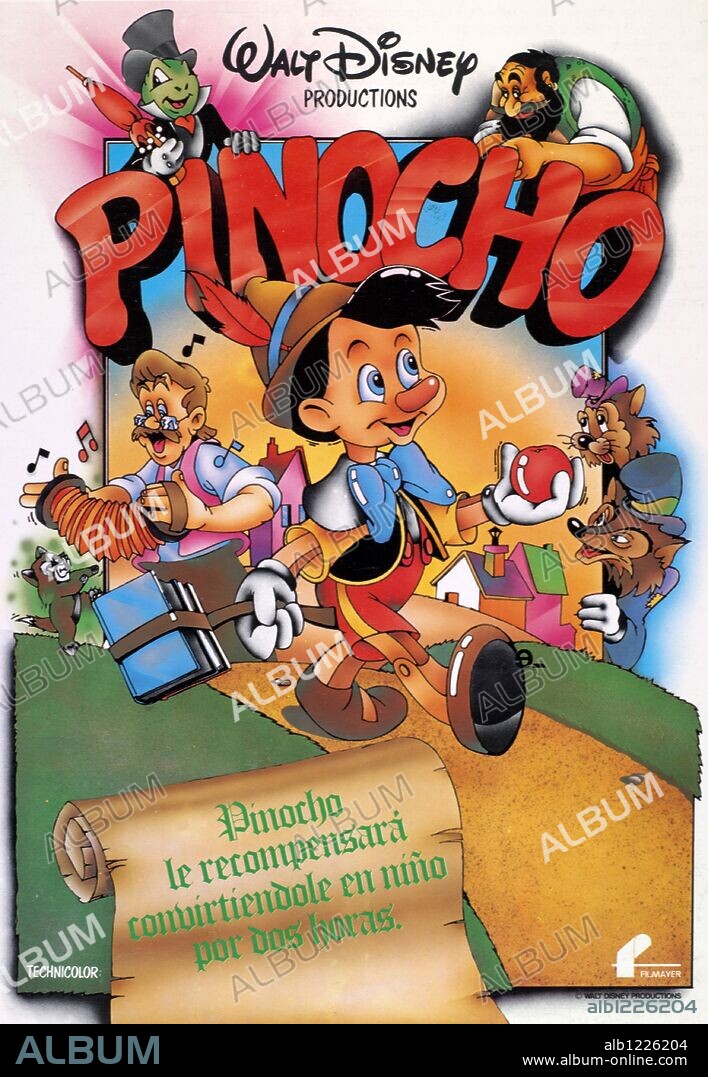 Poster de PINOCHO, 1940 (PINOCCHIO), dirigida por BEN SHARPSTEEN y HAMILTON LUSKE. Copyright WALT DISNEY PRODUCTIONS.