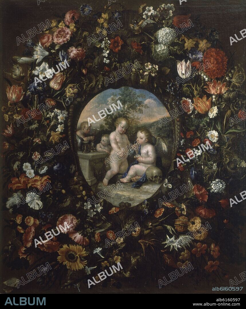 JUAN DE ARELLANO (1614-1676). GUIRNALDA DE FLORES CO VANITAS - SIGLO XVII - BARROCO ESPAÑOL.