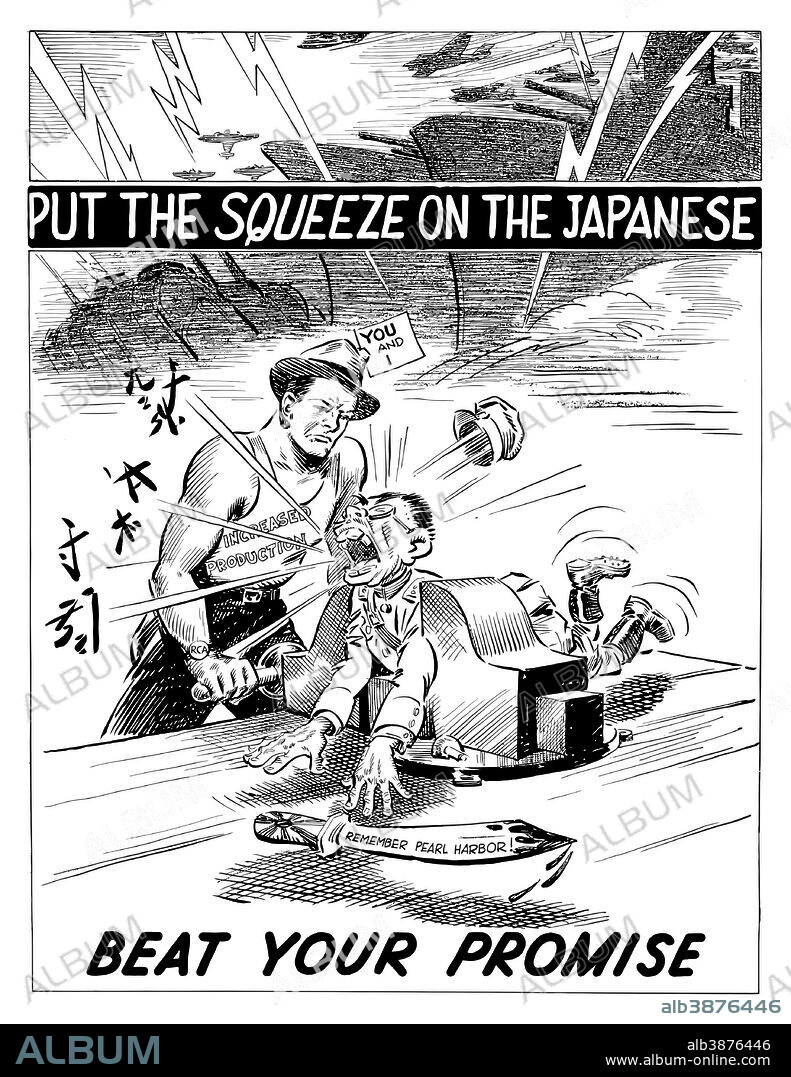 Digitally restored war propaganda poster. This vintage World War II cartoon poster features a factory worker squeezing a Japanese soldier in a vice. It declares - Put the squeeze on the Japanese, Remember Pearl Harbor, beat your promise.
