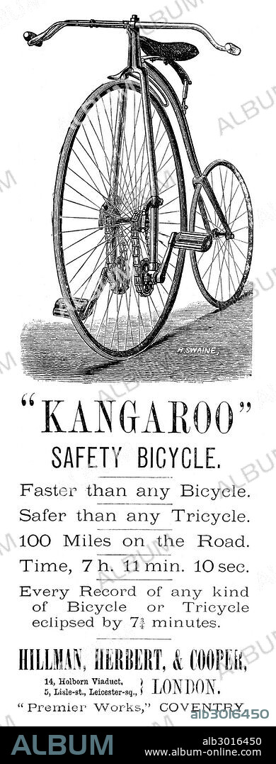 BICYCLE AD, 1885.English newspaper advertisement for the 'Kangaroo' safety bicycle, 1885.