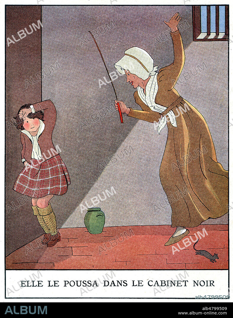 Mme Mac'Miche poussa son cousin Charles dans le cabinet noir. Illustration de 1932 par Marie Madeleine FRANC NOHAIN (1879-1942) pour Le bon petit Diable par la Comtesse de SEGUR (1799-1874). Credit : Collection Jonas/Kharbine-Tapabor.
