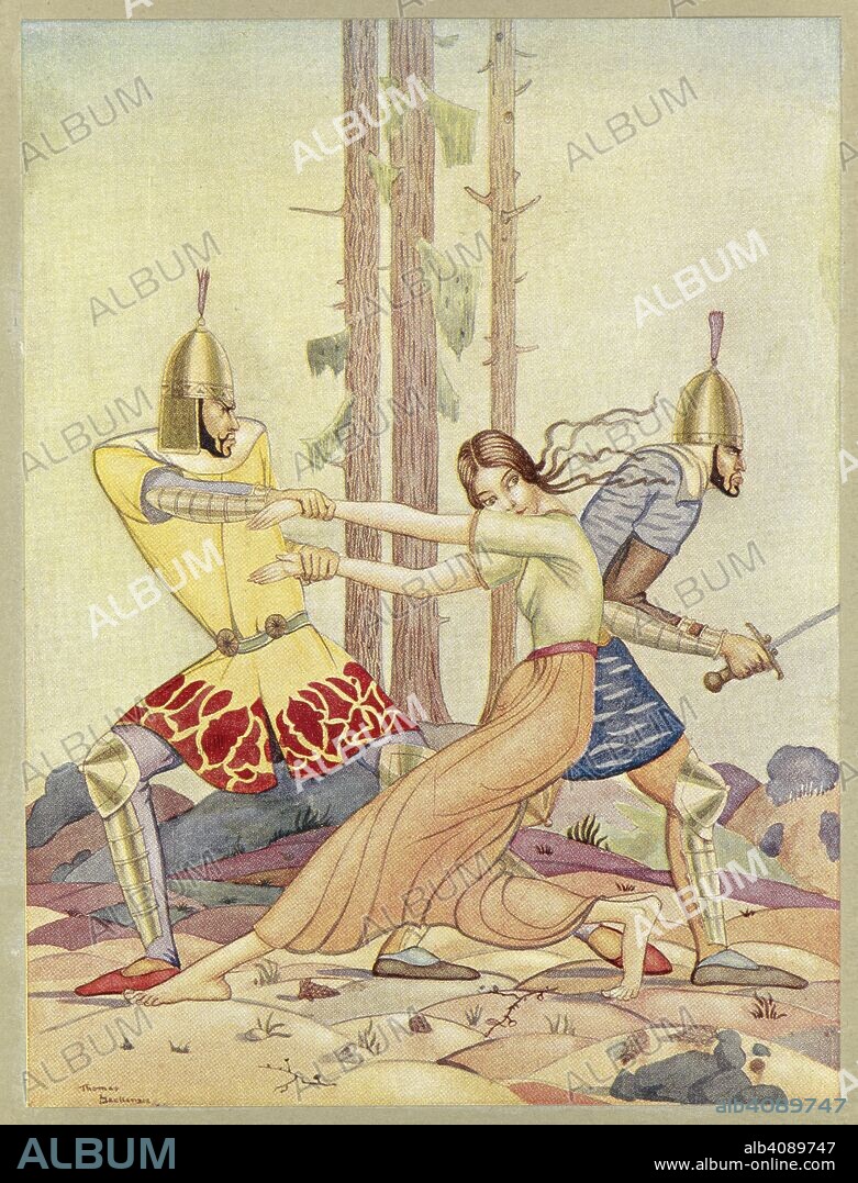 THOMAS MACKENSIE and JAMES ELROY FLECKER. But they caught Pervaneh walking alone aming the pine woods and carried her away.  Act.II. Scene I  Pervaneh, a beautiful woman abducted by two soldiers.  . Hassan ... With illustrations by Thomas Mackenzie. London : William Heinemann, 1924. Source: 11774.k.13 plate opposite page 42.