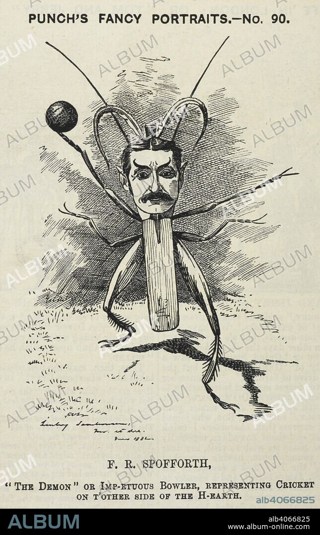 Punch's fancy portraits. No.90. F.R. Spofforth. Frederick Robert "Fred" Spofforth; known as "The Demon Bowler"; a bowler for the Australian cricket team. Punch, or the London Charivari. London, July 1, 1882. Source: P.P.5270, volume 82, page 310.
