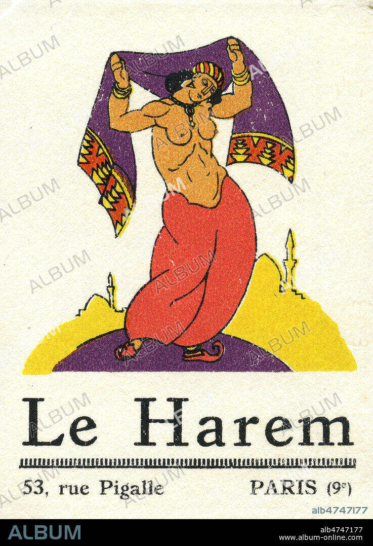 Femme orientale aux seins nus. Publicite de 1926 pour le cabaret 'Le Harem' rue Pigalle a Paris. Illustration anonyme. Credit : Collection IM/KHARBINE-TAPABOR.