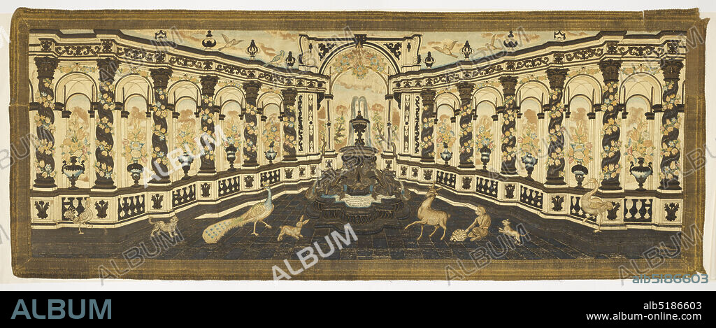 Altar frontal, Medium: silk, linen, metallic thread Technique: embroidered, Scenic rectangular panel with a frontal perspective of a plaza or garden. The vanishing point is at the center of the panel. Design shows an arched gate with hanging floral garlands at one end of the plaza (top, rear) flanked on both sides by an open arcade supported by spiral columns encircled by spiraling floral vines. On the bannister between each column is an urn of flowers. Urns decorate the top of the arcade and birds fill the sky above. In the center of the tiled arcade (center foreground) is an elaborate spouting fountain with spouting mermen and seahorses. Facing the fountain, left and right, are animals and birds: a rooster, dog, peacock, rabbit, stag, tortoise, monkey, crane. Rendered in multicolored silk and metal-wrapped yarns tarnished to black. Metal fountain and columns in raised metal couching. The perspective is very forceful and overpowers the pictorial unity., Europe, late 17th century, embroidery & stitching, Altar frontal.
