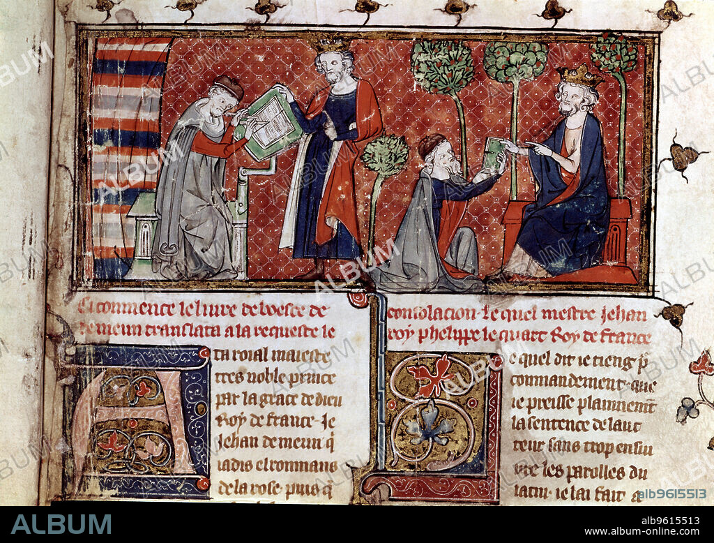 Jean de Meung, writing and delivering to Philip IV, king of France, his translation of the work 'De Consolatione Philosophiae', miniature from a manuscript of the 14th century.