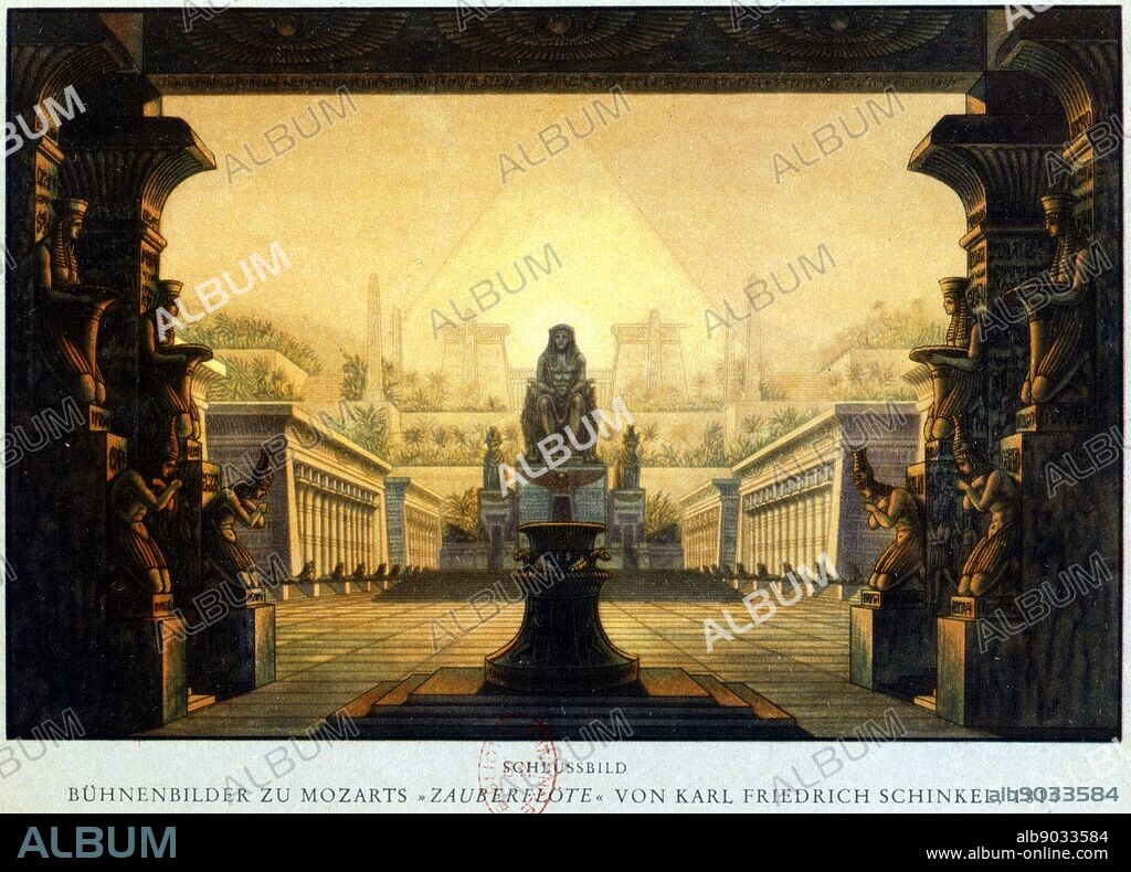 Temple of Isis and Osiris where Sarastro High Priest. 'Die Zauberflote' (The Magic Flute) by Wolfgang Amadeus Mozart (1756-1791). Plot has overtones of Freemasonry. The Queen of the Night is said to be based on Empress Maria Theresa. Decor by Karl Friedrich Schinkel, 1816. Biblioteque de l'Opera, Paris.