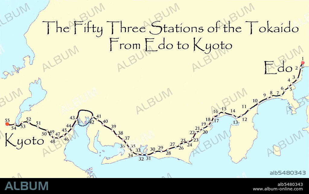Map of the 'Fifty Three Stations of the Tokaido' between Edo (Tokyo) and Kyoto. The Ti kaidi (East Sea Road) was the most important of the Five Routes of the Edo period, connecting Edo (modern-day Tokyo) to Kyoto in Japan. Unlike the inland and less heavily travelled Nakasendi, the Ti kaidi travelled along the sea coast of eastern Honshu, hence the route's name.