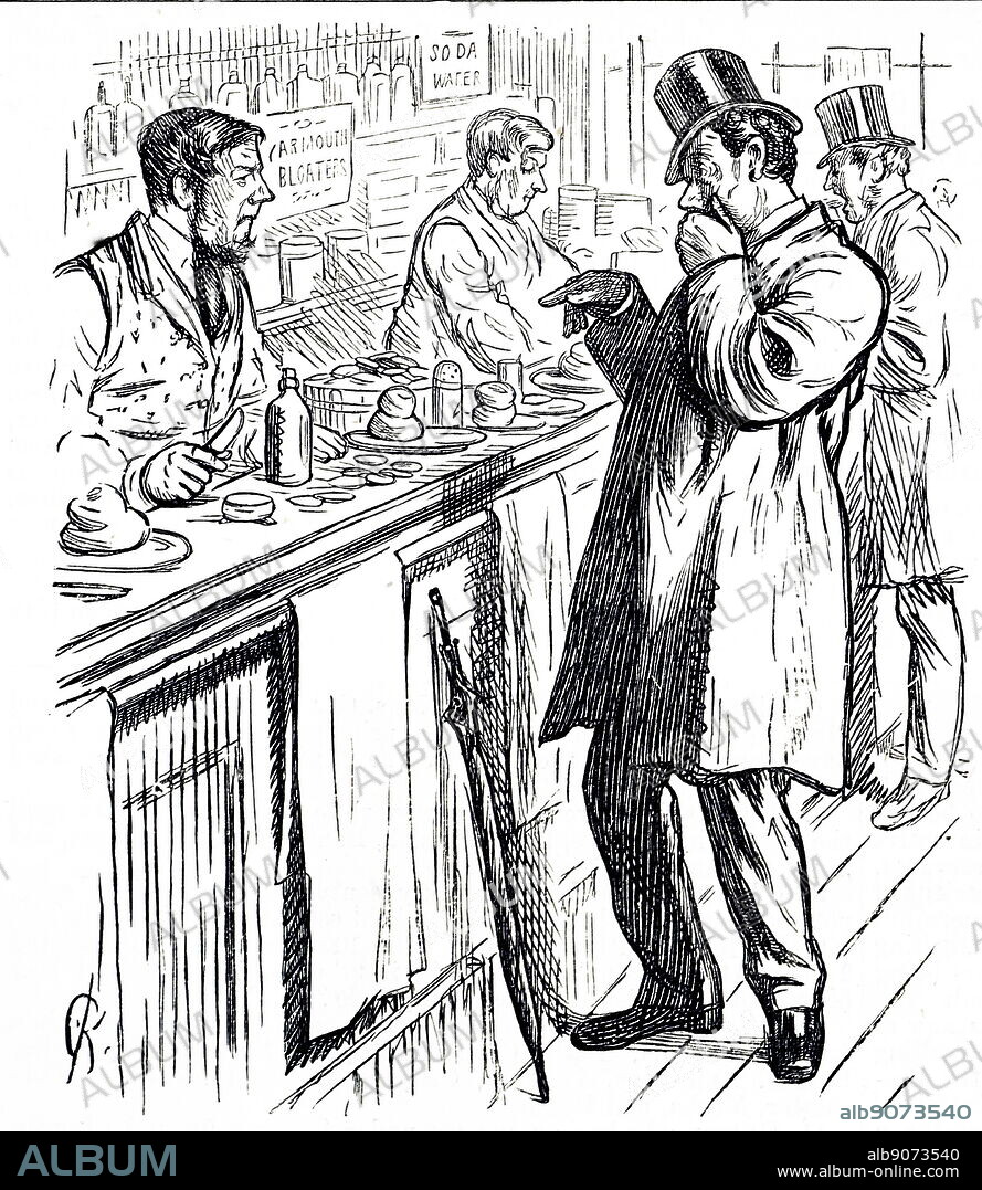Cartoon depicting a man, suffering with food poisoning, asking the pharmacist for a cure. Dated 19th century.