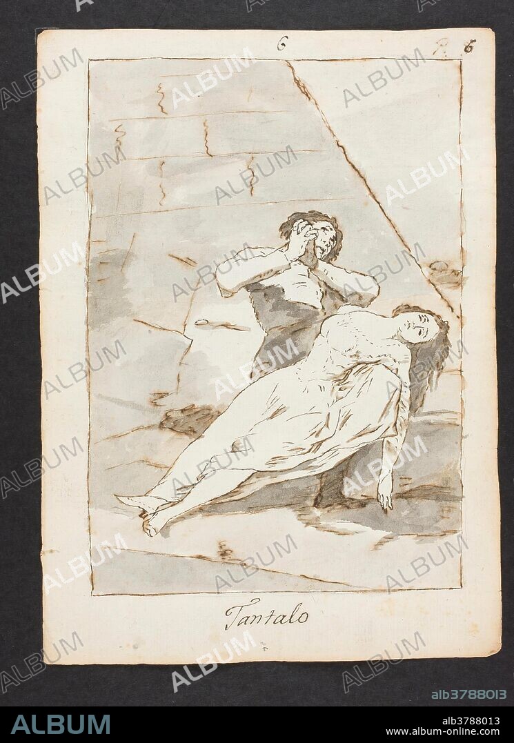 ANÓNIMO. Anónimo (Copia de Goya y Lucientes, Francisco de) / 'Tantalo. Capricho 9'. Mediados del siglo XIX. Aguada, Lápiz, Pluma, Tinta agrisada, Tinta ferrogálica sobre papel verjurado, 215 x 150 mm.
