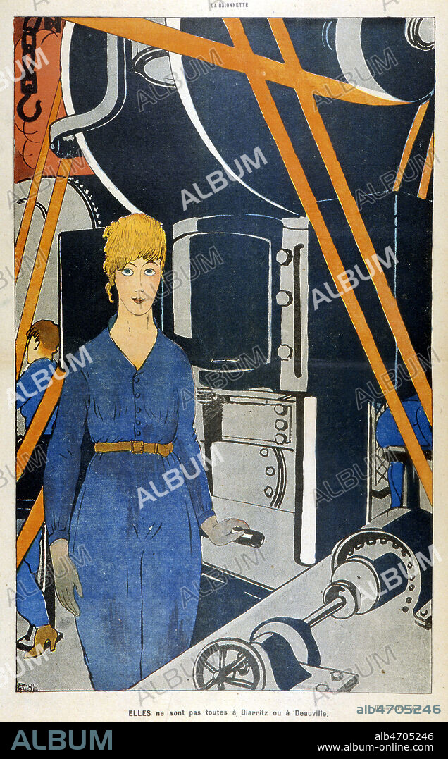 Femme au travail dans une usine de munitions pendant la premiere guerre mondiale "elles ne sont pas toutes a Biarritz ou a Deauville" . Illustration IRIBE (1883-1935) in La Baionnette 4 octobre 1917. Credit Collection Kharbine Tapabor.