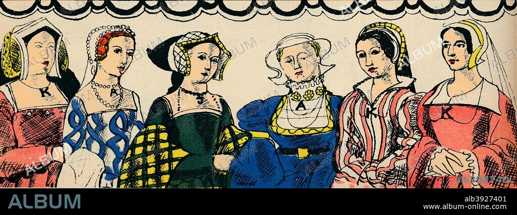 Portraits of Henry VIII's six wives; Catherine of Aragon, Anne Boleyn, Jane Seymour, Anne of Cleves, Catherine Howard and Catherine Parr. From Kings and Queens by Eleanor and Herbert Farjeon, illustrated by Rosalind Thornycroft [Victor Gollancz Ltd, London, 1932].