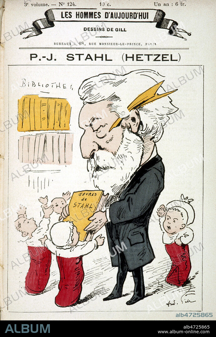 'P.J Stahl- Hetzel': Pierre-Jules HETZEL (1814-1886) donnant ses oeuvres a des enfants, par Andre GILL (1840-1885), dans 'Les Hommes d'Aujourd'hui' 1881. HETZEL rencontra Jules VERNE (1828-1905) en 1862, et fut son editeur a partir de 1863 avec son premier roman en 'Cinq semaines en ballon'. Credit: Coll. Jonas/Kharbine-Tapabor.