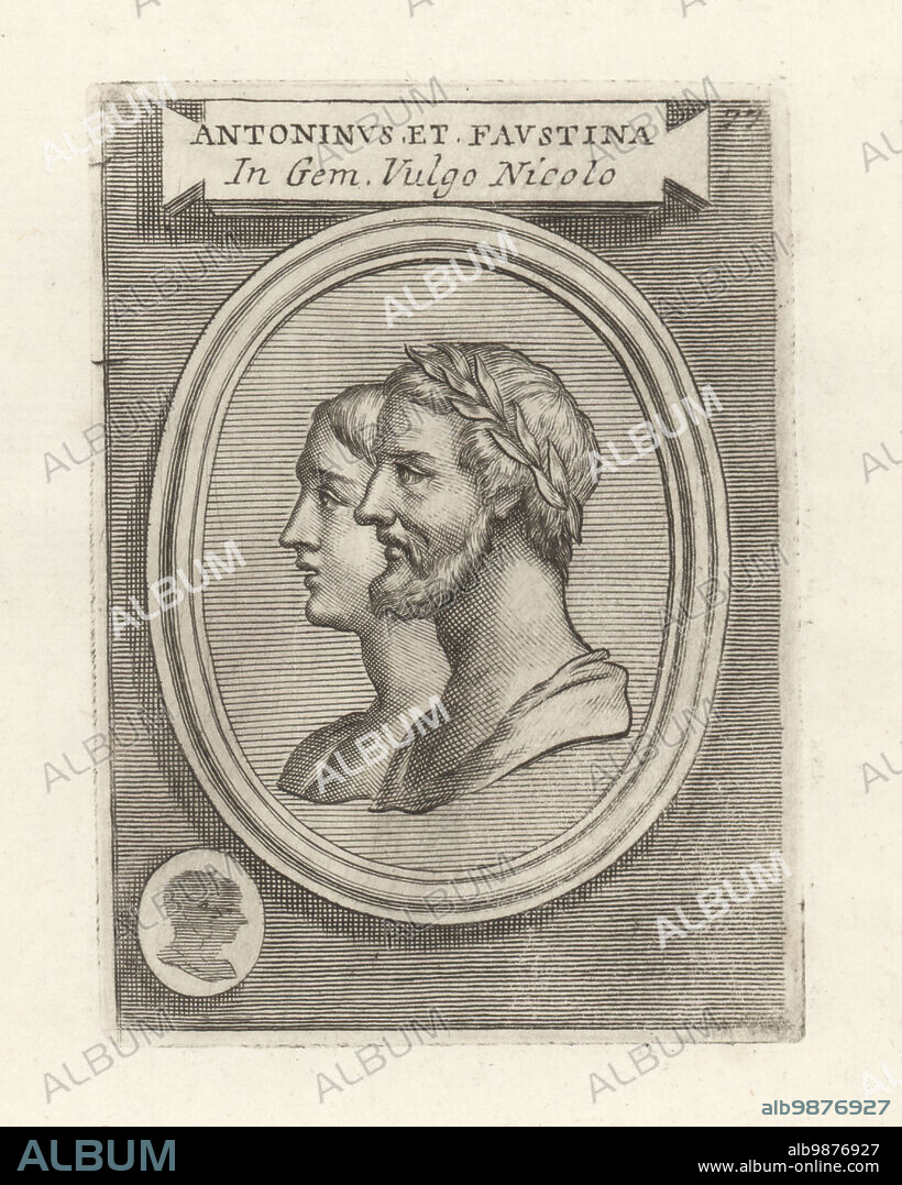 Emperor Antoninus Pius, 86-161, and his wife, Faustina the Elder, c.100-140. From an engraved nicolo gem. Antoninus et Faustina in Gem Vulgo Nicolo. Copperplate engraving from Francesco Valesio, Antonio Gori and Ridolfino Venutis Academia Etrusca, Museum Cortonense in quo Vetera Monumenta, (Etruscan Academy or Museum of Cortona), Faustus Amideus, Rome, 1750.