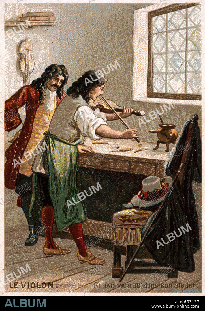 Le violon. STRADIVARIUS (1644-1737) dans son atelier. Illustration anonyme pour un chromo vers 1910. Credit : Collection KHARBINE-TAPABOR.