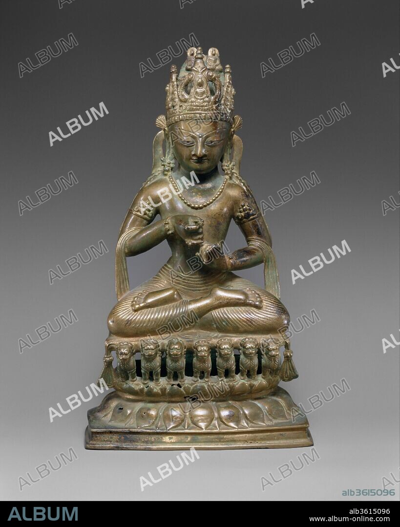 Vairochana, the Transcendent Buddha of the Center. Culture: Pakistan (possibly Gilgit region). Dimensions: H. 13 in. (33 cm); W. 7 7/16 in. (18.9 cm); D. 3 7/16 in. (8.7 cm). Date: 9th-early 10th century.
Vairochana is the presiding deity in the group of the five Transcendent Buddhas of Esoteric Buddhism. Lions are his traditional mounts.
.