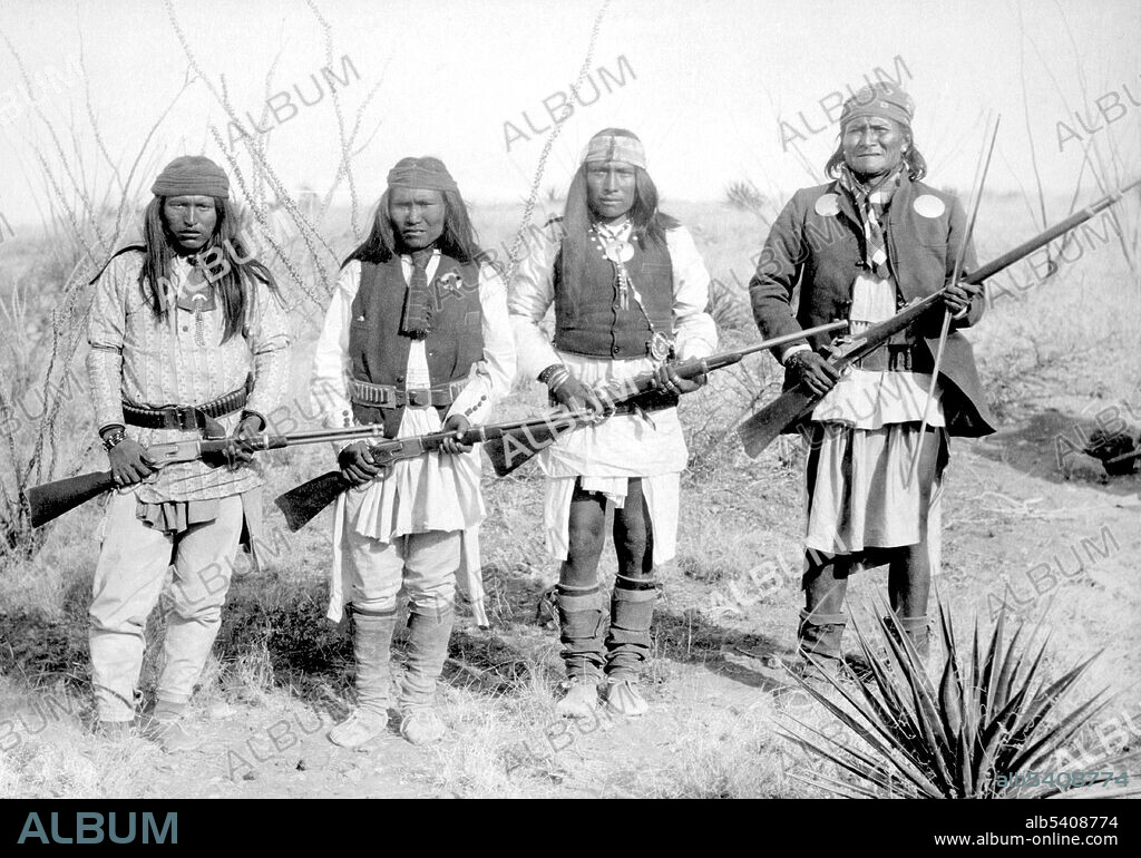 Geronimo, holding a long rifle, with a son and two Apache warriors. Geronimo (June 16, 1829 - February 17, 1909) was a leader and medicine man of the Chiricahua Apache who fought against Mexico and the US for their expansion into Apache tribal lands for several decades during the Apache Wars.  C.S. Fly, 1886 (cropped and cleaned).
