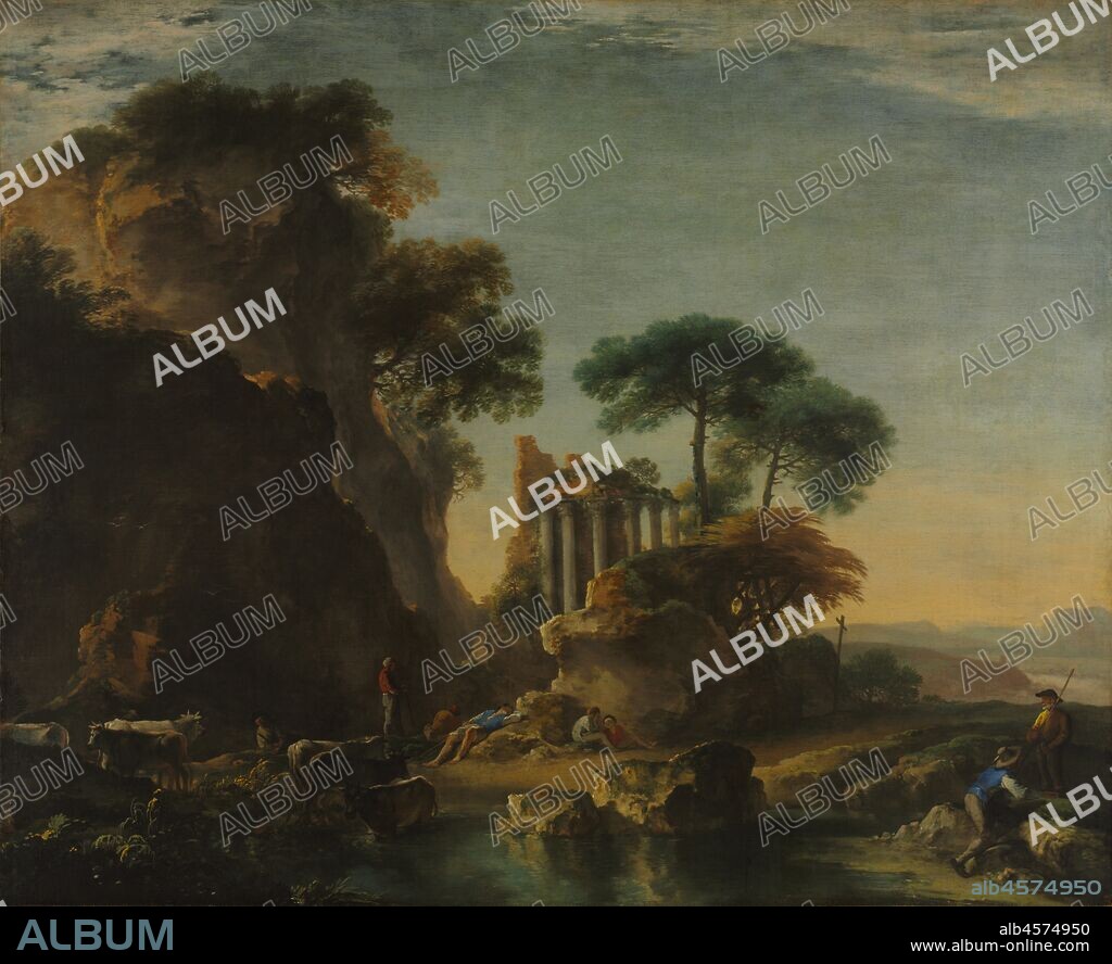 Ruins in a Rocky Landscape, c. 1640. In 1635, Rosa left his native Naples for Rome, the undisputed art center of the 17th century, where a new type of landscape painting was emerging, distinguished by the effects of light and atmosphere. Rosa?s fame grew quickly as a painter of landscapes that conjured the beauty and fertility of the Bay of Naples. Ruins in a Rocky Landscape incorporates classical ruins, iridescent reflections of light, and a pastoral tone evoked by the idling shepherds, exemplifying the work that earned Rosa his early fame. The dark, dramatic rocks that rise along the left foreshadow the wildness that Rosa would cultivate in his later sublime landscapes.