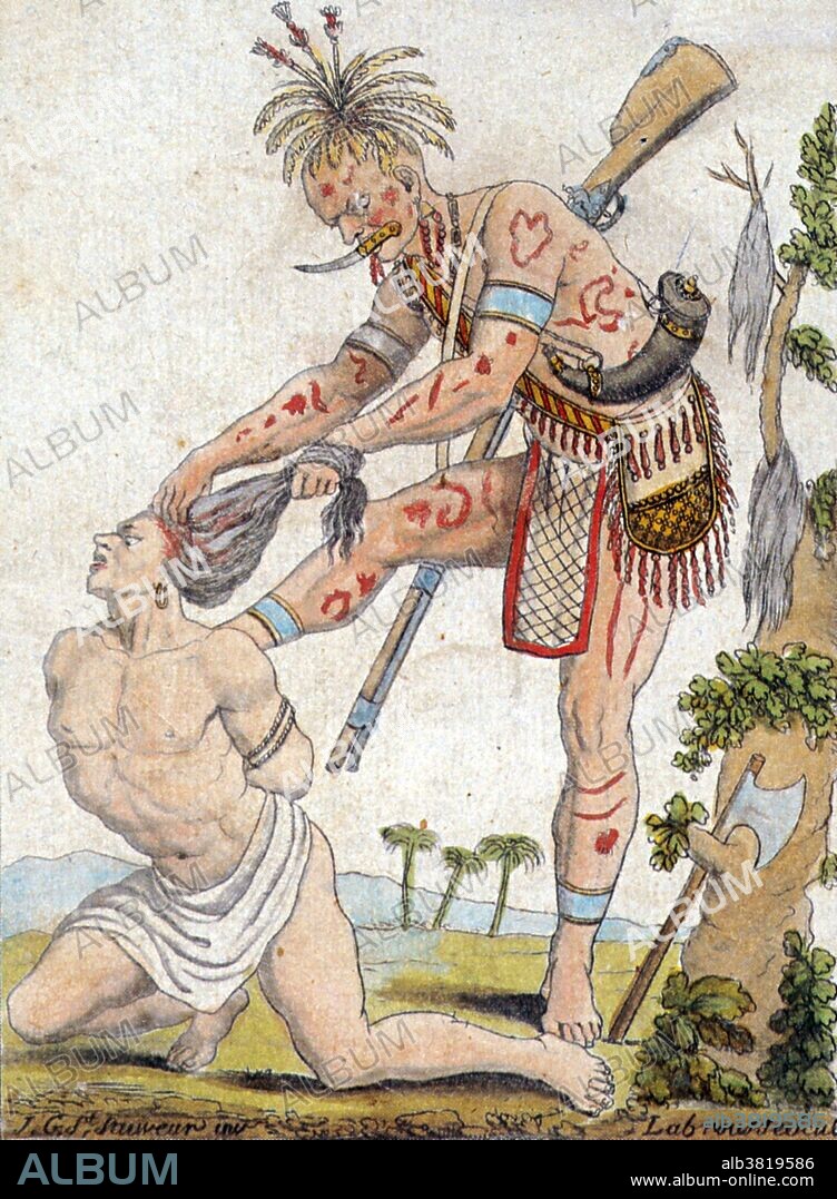 Engraving of Iroquois Warrior by Jacques Grasset de Saint-Sauveur, 1787. The Iroquois are a league of several nations and tribes of indigenous people of North America. By the 16th century or earlier, they came together in an association known today as the Iroquois League (Five Nations) composed of the Mohawk, Oneida, Onondaga, Cayuga and Seneca nations. After the Tuscarora nation joined the League in 1722, the Iroquois became known as the Six Nations. Scalping is the act of removing another person's scalp or a portion of their scalp, either from a dead body or from a living person. The initial purpose of scalping was to provide a trophy of battle or portable proof of a combatant's prowess in war. Eventually, the act became motivated primarily for financial reasons as people were paid bounties for enemy Native American scalps.