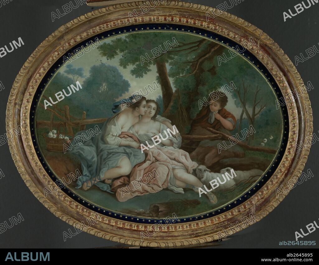 Two gallant performances, anonymous, ca. 1795, glass painting, scene from the play L'Aminta of Torquato Tasso: Aminte dans les bras de Sivie. Painted after a print by Louis Simon Lempereur, a painting by François Boucher.