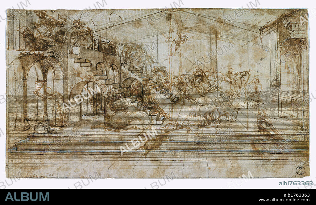 Prospective study for the Adoration of the Magi, by Leonardo da Vinci, 15th Century, 1481, pen, sepia and white paint on white paper,. Italy, Tuscany, Florence, Uffizi Gallery, Drawings and Prints Cabinet. Authorization required for non editorial use.