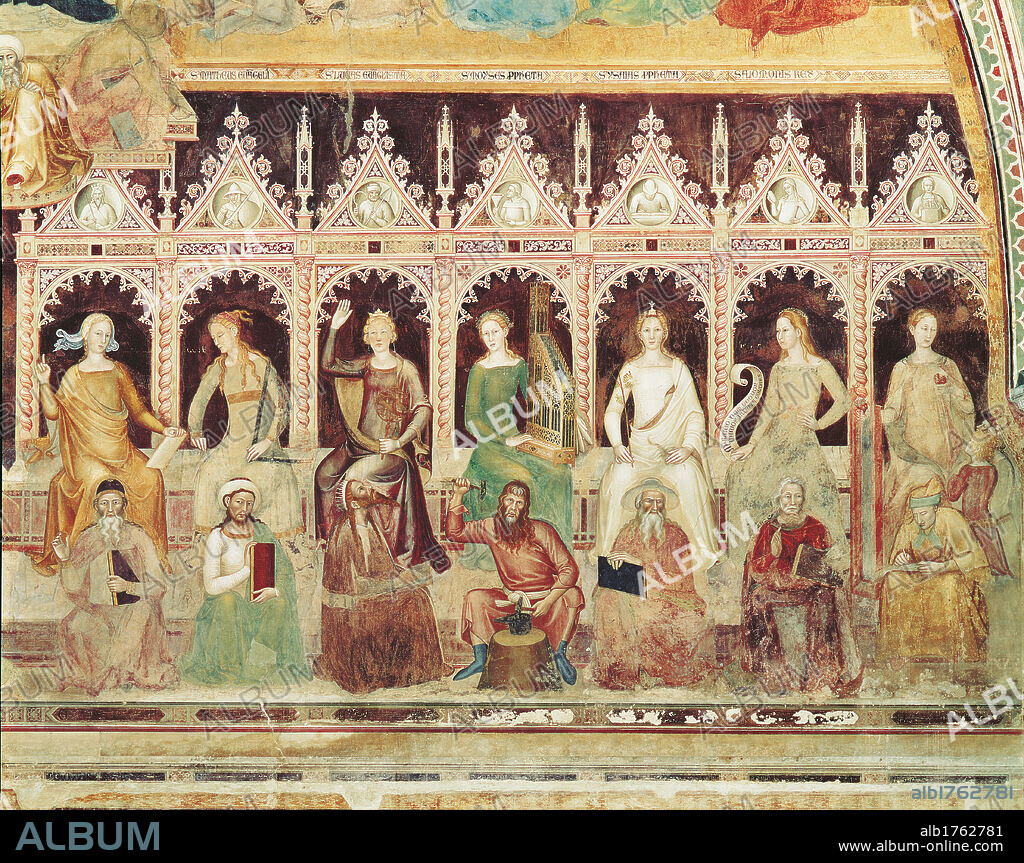 The Seven Liberal Arts, by Andrea Bonaiuti Known as Andrea di Bonaiuto, 1365-1367, 14th Century, fresco,. Italy, Tuscany, Florence, Santa Maria Novella Basilica, Chapel of the Spaniards. All. Seven liberal arts women characters men scientist writer philosopher mathematician Pythagoras Cicero Donatus Priscian Ptolemy cartouches thrones Gothic.