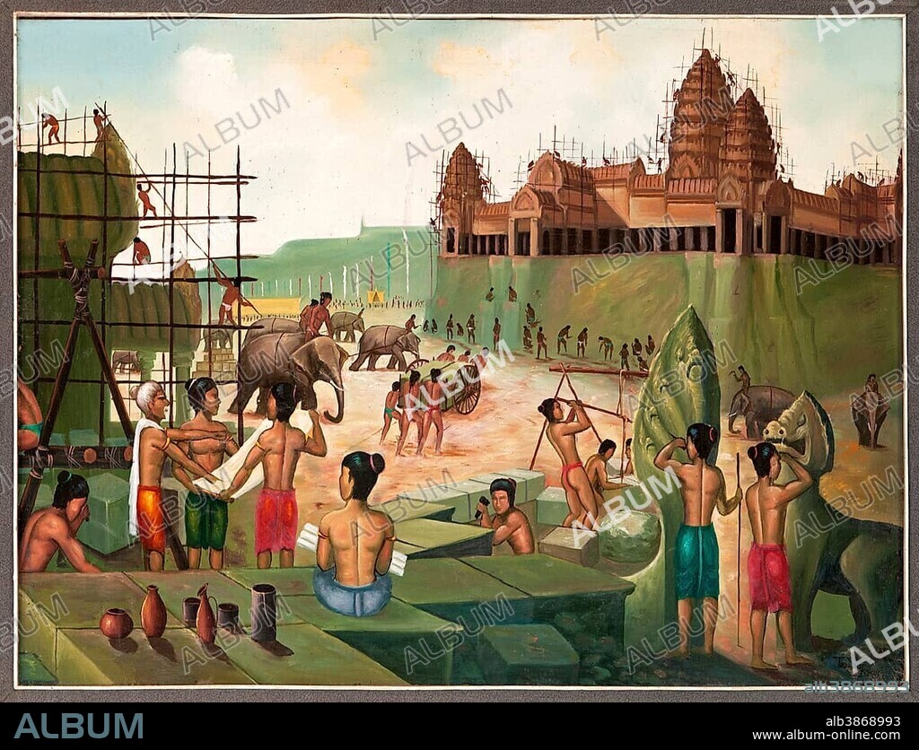 Painting depicting a historical account of the construction of Angkor Wat Temple in the 13th century, gallery in Pursat, Pursat, Pursat Province, Cambodia