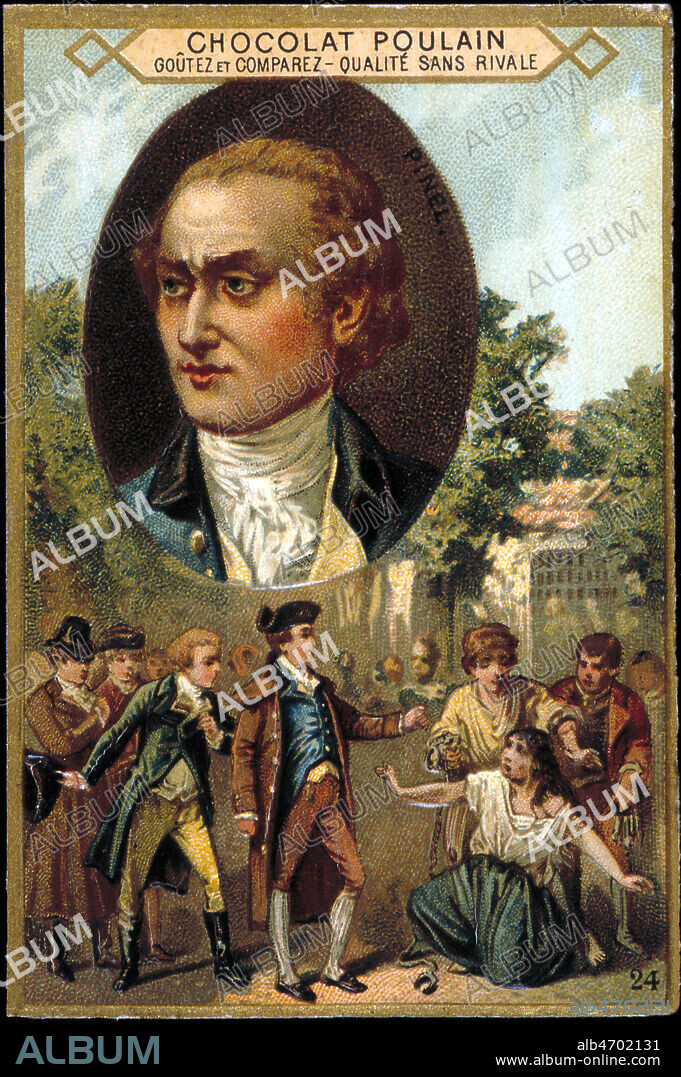 Philippe PINEL (1745-1828) enleve les fers des femmes de l'Hospice de La Salpetriere en 1795. Illustration anonyme pour un chromo publicitaire Poulain vers 1910. Credit : Coll. Jonas/KHARBINE-TAPABOR.