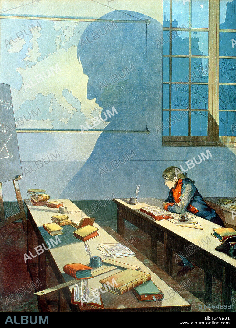 'Ecole militaire royale de Brienne : le jeune Napoleon etudiant' (son ombre se decoupe sur la carte de l'Europe). Napoleon Bonaparte (1769-1821) entra a l'ecole militaire de Brienne au mois de mai 1779. Cette ecole etait alors dirigee par les Minimes. Bonaparte quitta Brienne en 1784 pour entrer a l'ecole militaire de Paris. Chromotypographie de Job, in 'Bonaparte' de G. Montorgueil, éd. Paris, 1910. Credit : Collection IM/Kharbine-Tapabor..