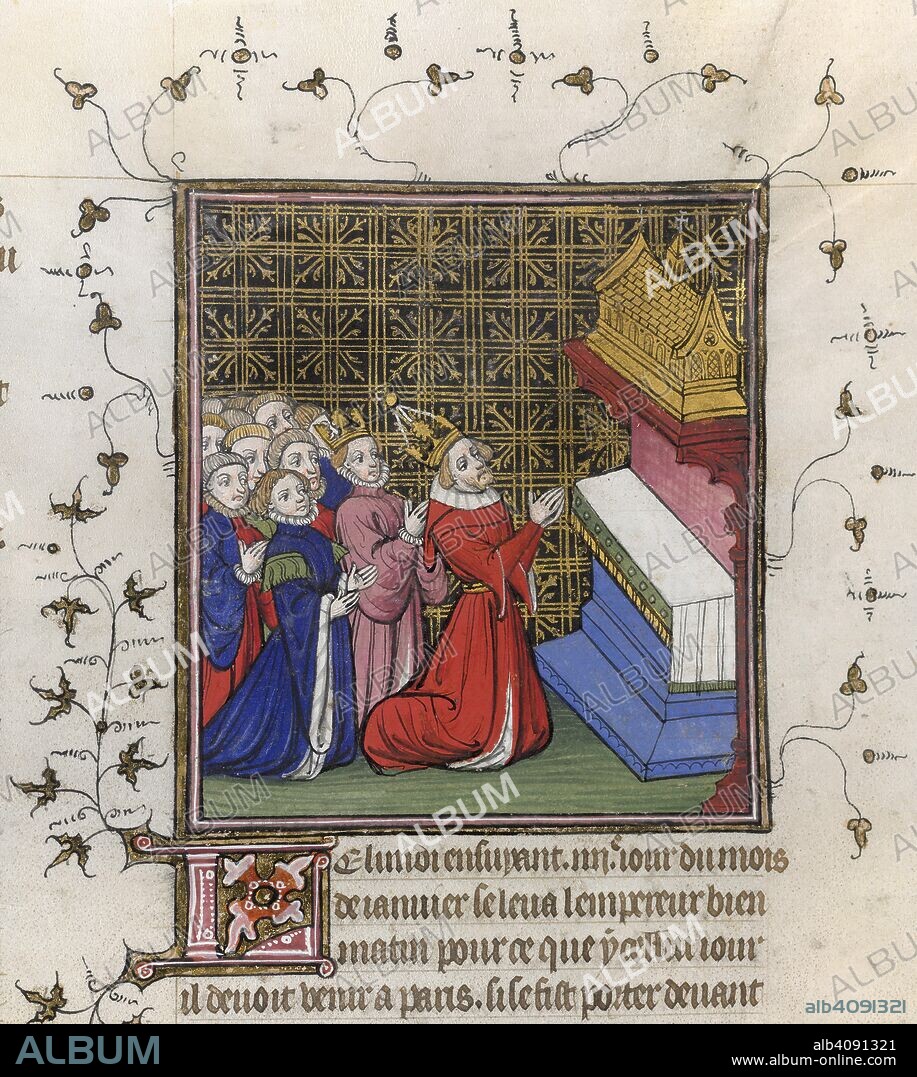 Charles IV kneeling before relics. Chroniques de France ou de St Denis. End of 14th century. [Miniature and text] The Emperor Charles IV and his son the King of the Romans kneeling before the relics at St Denis. Text beginning with decorated initial 'L'  Image taken from Chroniques de France ou de St Denis.  Originally published/produced in End of 14th century. . Source: Royal 20 C. VII, f.197. Language: French.
