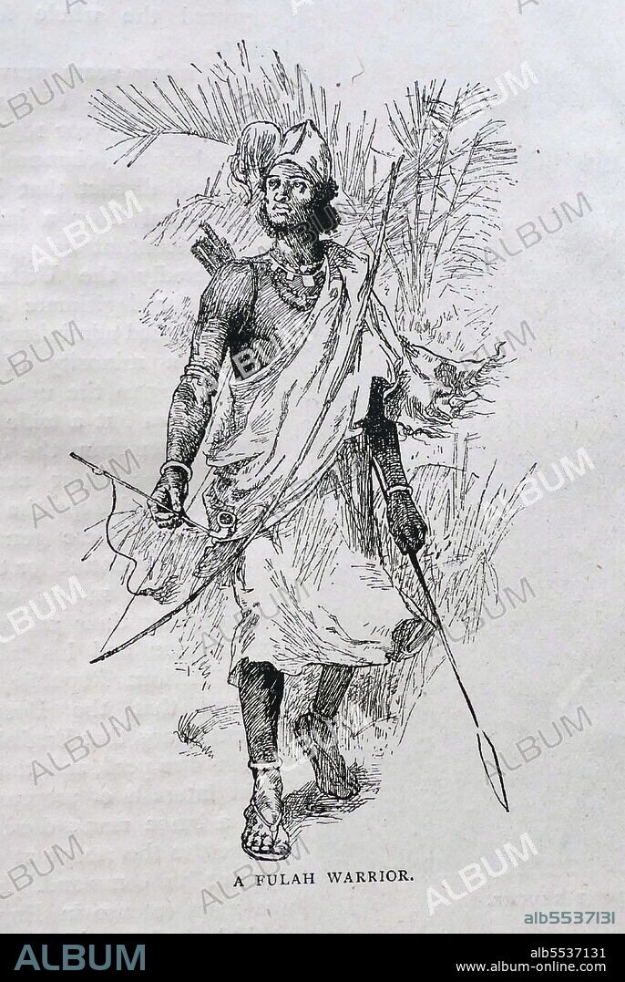 A Fulah Warrior. The Fula, Fulani, or Fulbe people are one of the largest ethnic groups in the Sahel and West Africa, widely dispersed across the region. Black and white drawing.
