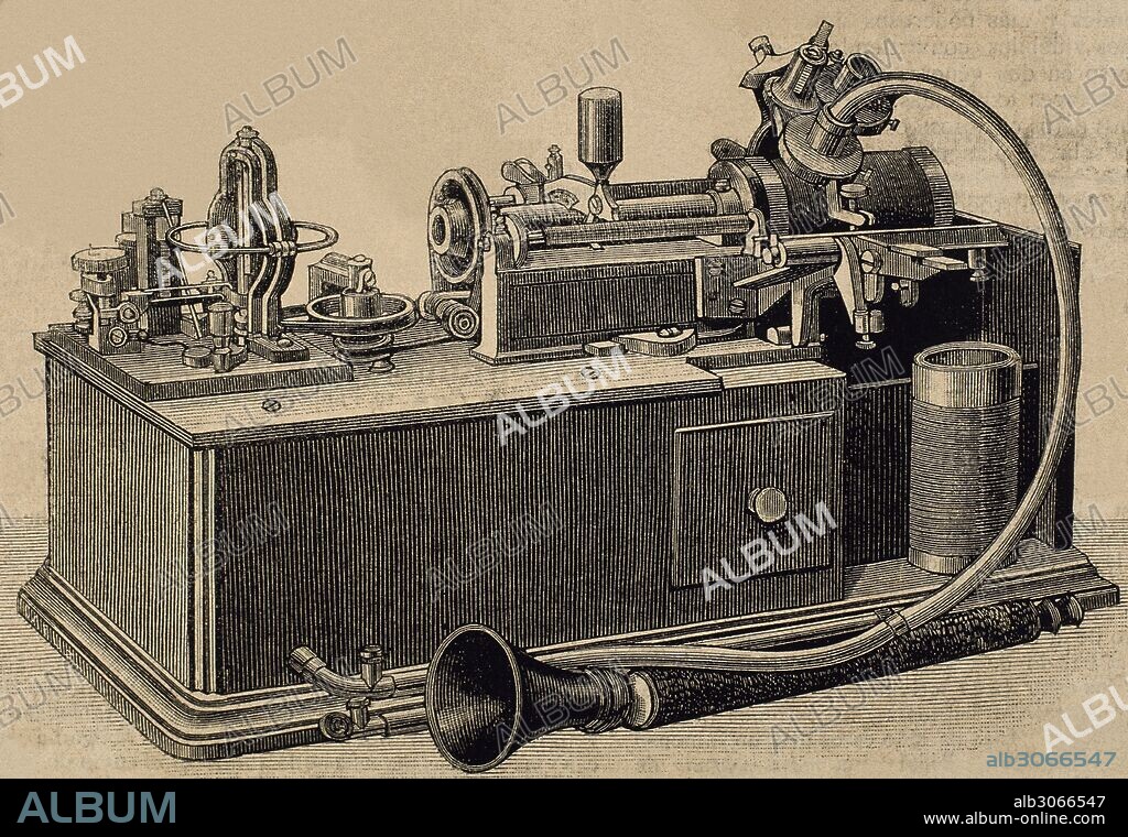Phonograph invented in 1877 by Thomas Alva Edison (1847-1931).  Engraving, 19th century.